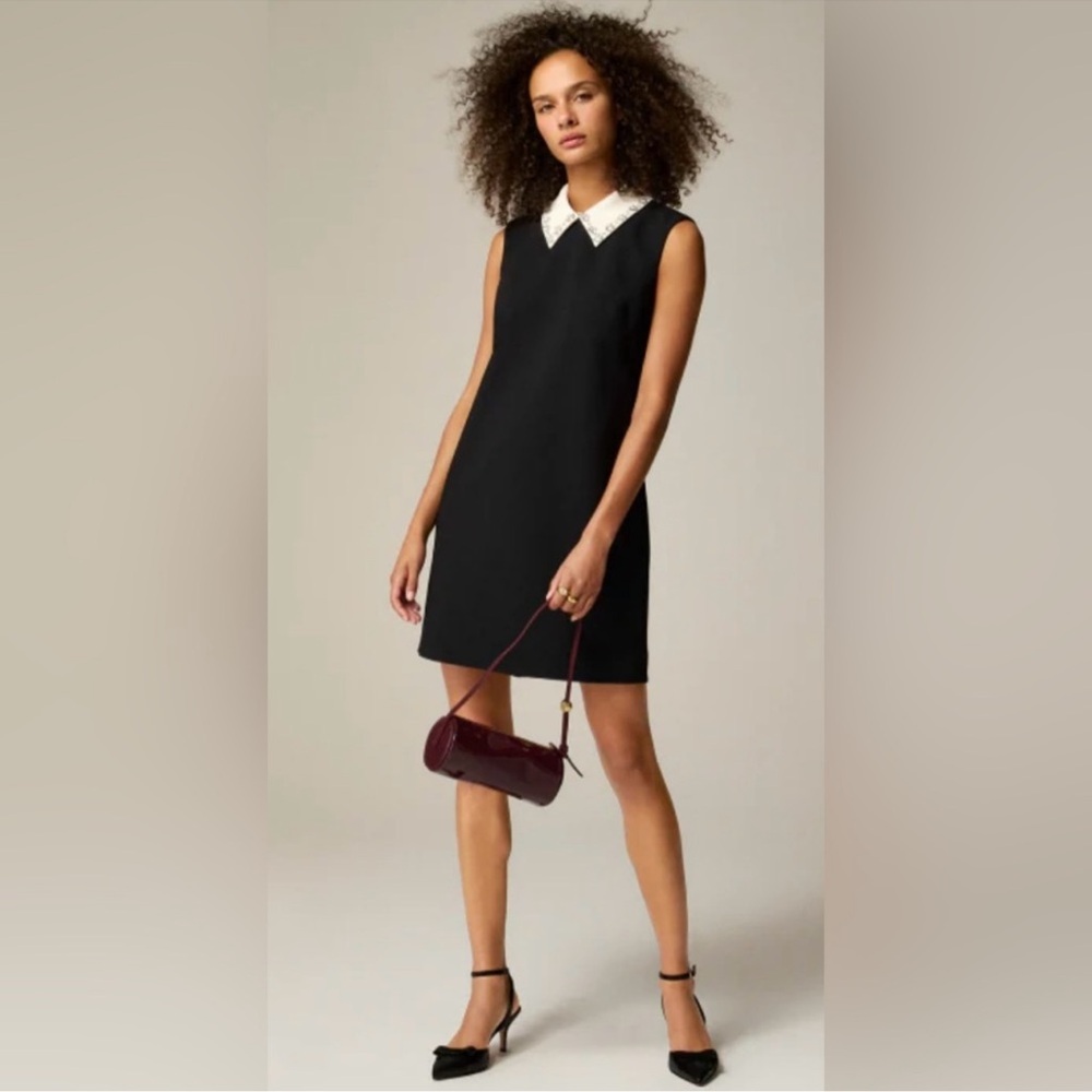 J. Crew Black Embellished collared shift dress in stretch crepe